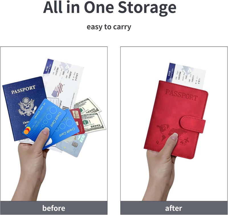 KAOBAN Passport Holder, Passport Cover with Credit Card Slot and Boarding Pass Slot Combo, Passport Wallet Case Book Travel Must Have, RFID Blocking Leather Travel Accessories, Red - Image 3
